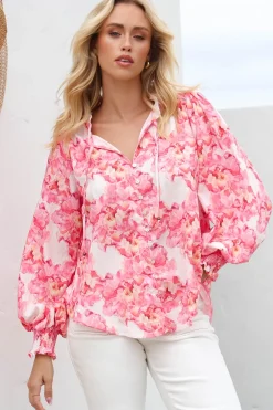 Moree Blouse - Frill Collar Neck Tie Button Down Shirt in Franc Print Pink><noscript><img width=