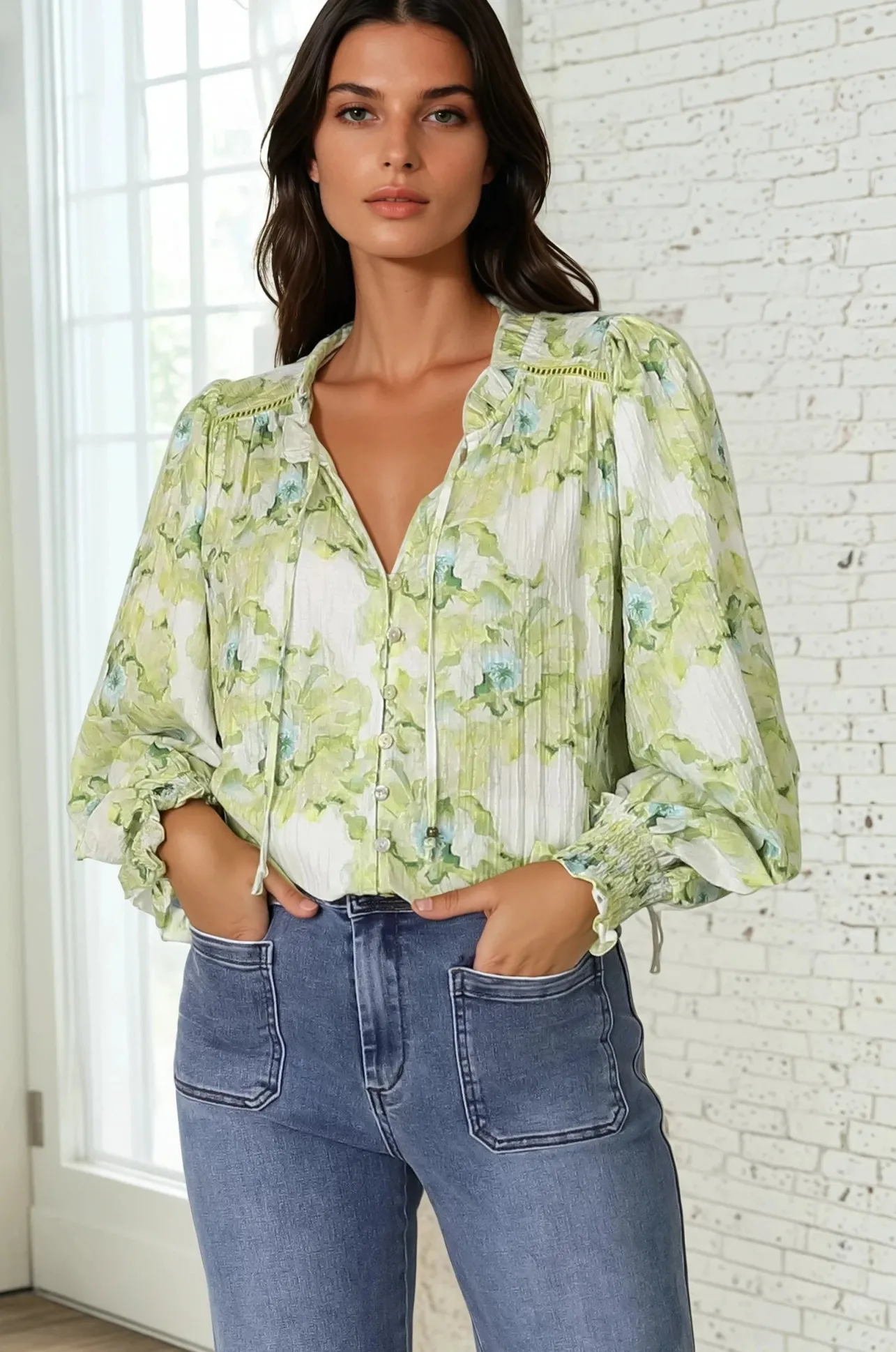 Moree Blouse - Frill Collar Neck Tie Button Down Shirt in Franc Print Lime>Salty Crush Discount