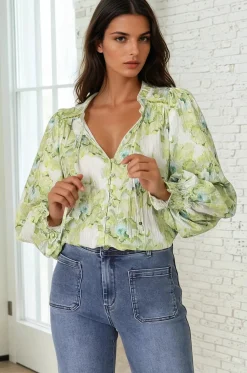 Moree Blouse - Frill Collar Neck Tie Button Down Shirt in Franc Print Lime><noscript><img width=