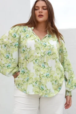 Moree Blouse - Frill Collar Neck Tie Button Down Shirt in Franc Print Lime><noscript><img width=