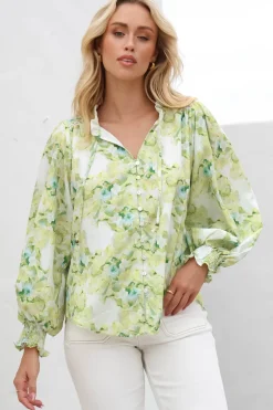 Moree Blouse - Frill Collar Neck Tie Button Down Shirt in Franc Print Lime><noscript><img width=