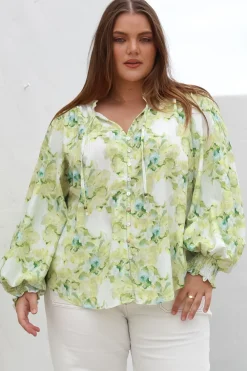 Moree Blouse - Frill Collar Neck Tie Button Down Shirt in Franc Print Lime><noscript><img width=
