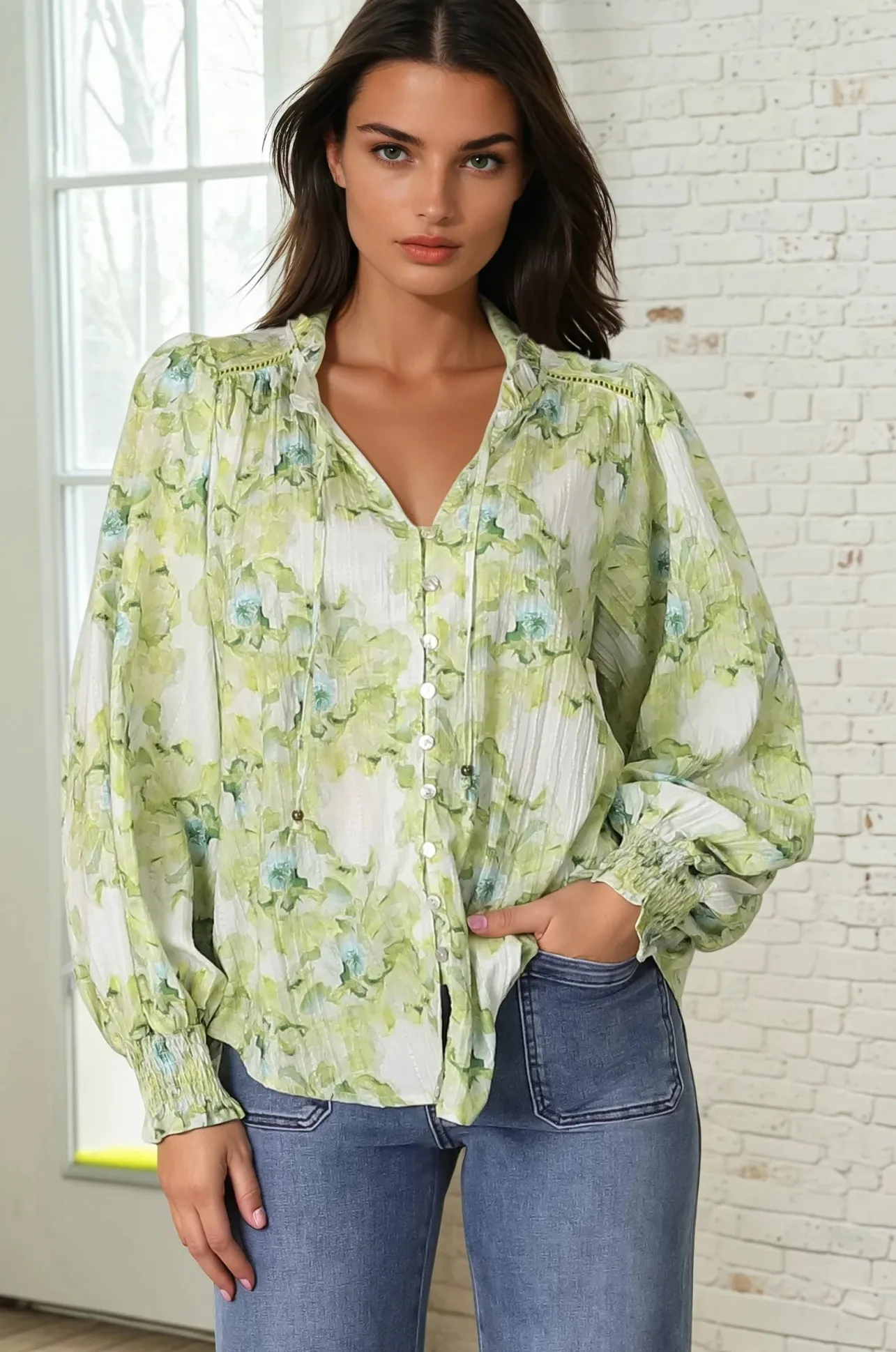 Moree Blouse - Frill Collar Neck Tie Button Down Shirt in Franc Print Lime>Salty Crush Discount