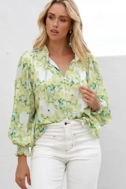 Moree Blouse - Frill Collar Neck Tie Button Down Shirt in Franc Print Lime><noscript><img width=