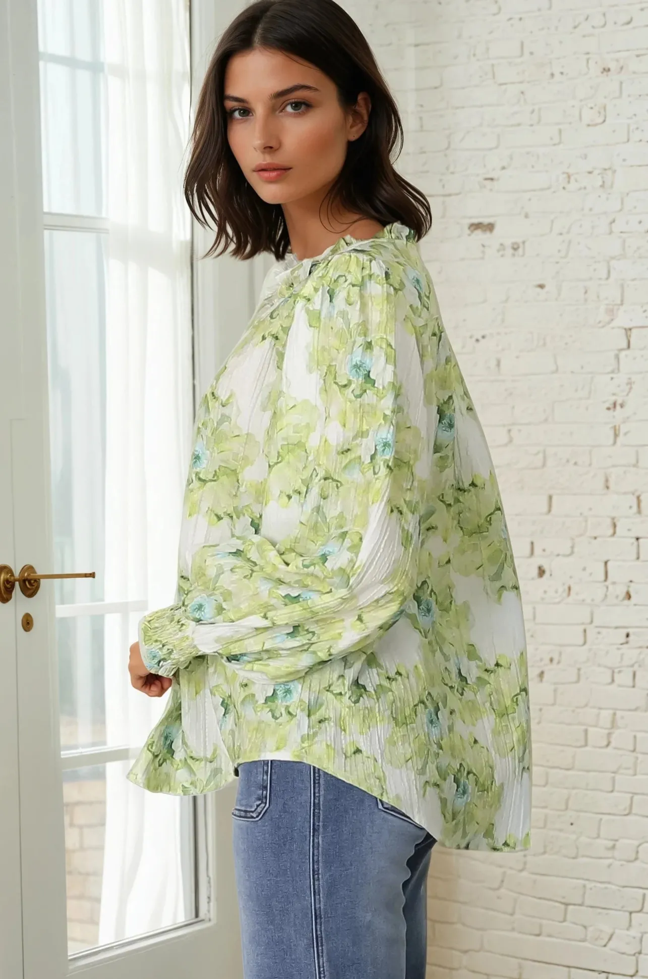 Moree Blouse - Frill Collar Neck Tie Button Down Shirt in Franc Print Lime>Salty Crush Discount