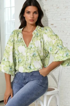 Moree Blouse - Frill Collar Neck Tie Button Down Shirt in Franc Print Lime><noscript><img width=