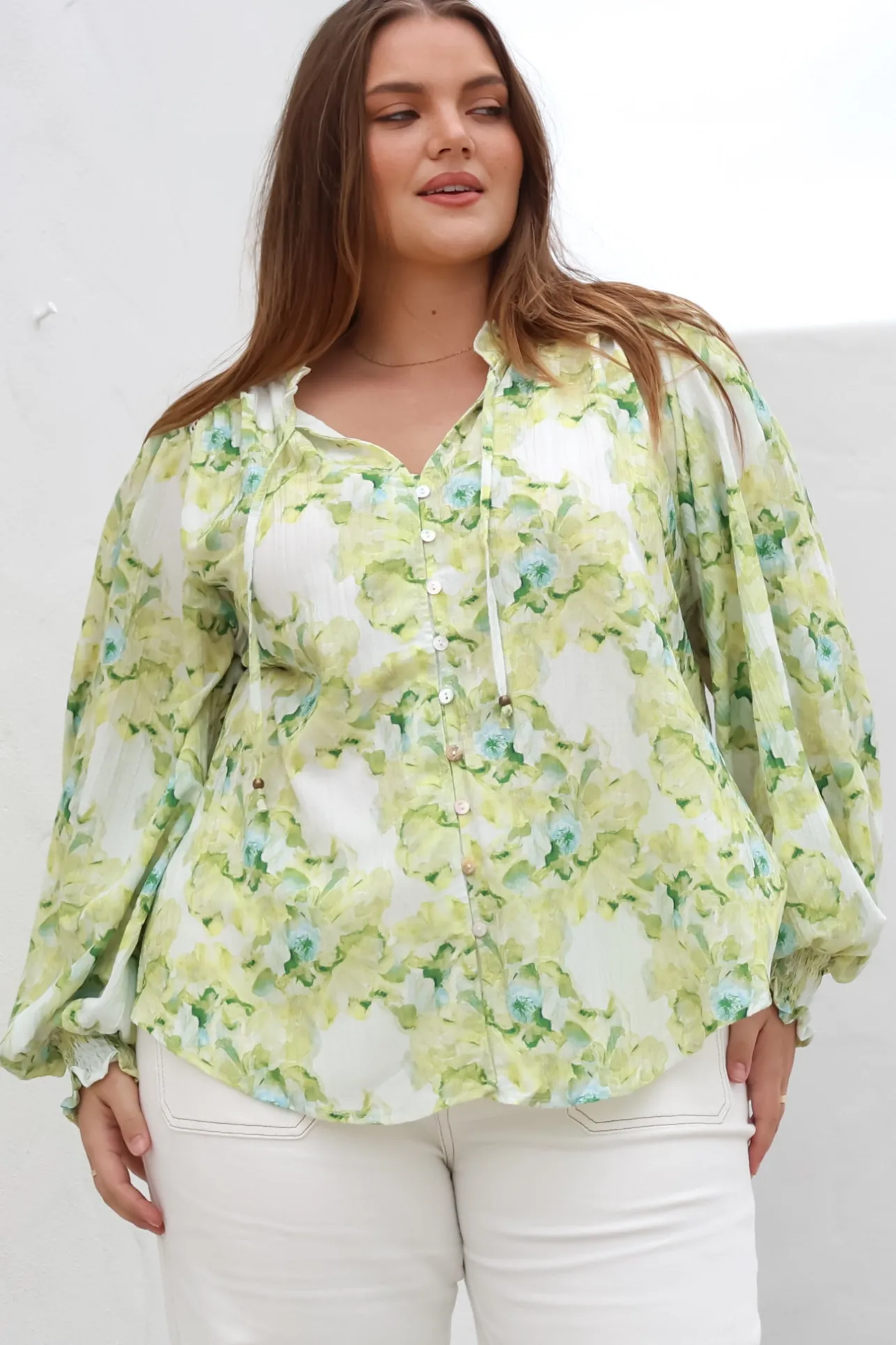 Moree Blouse - Frill Collar Neck Tie Button Down Shirt in Franc Print Lime>Salty Crush Discount