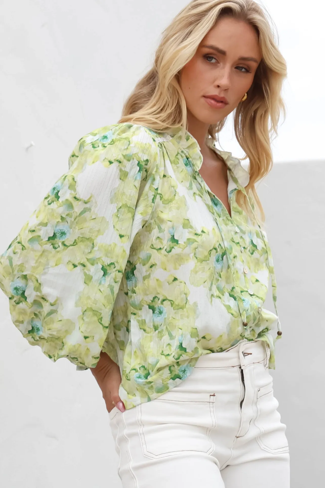 Moree Blouse - Frill Collar Neck Tie Button Down Shirt in Franc Print Lime>Salty Crush Discount