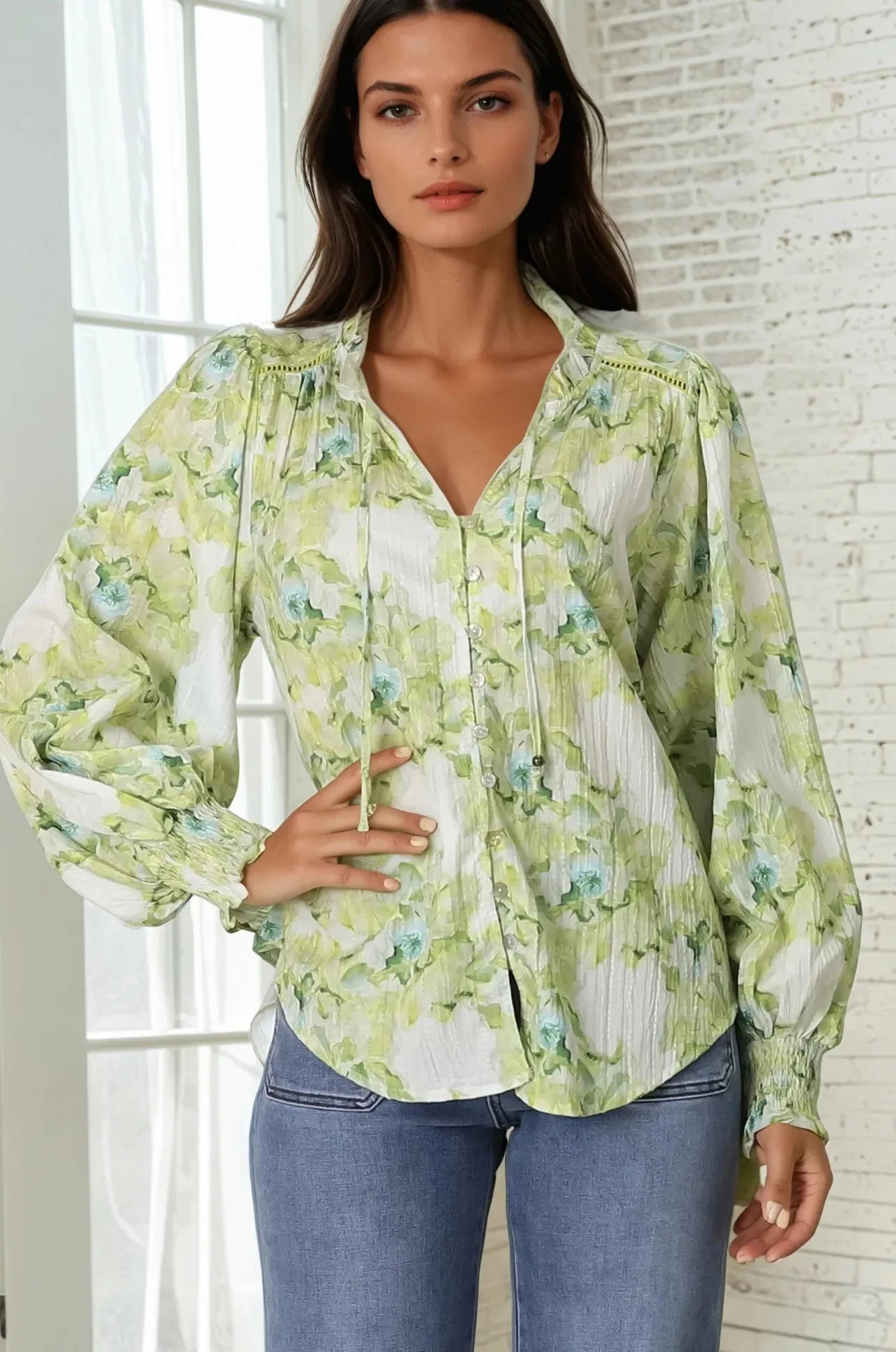 Moree Blouse - Frill Collar Neck Tie Button Down Shirt in Franc Print Lime>Salty Crush Discount