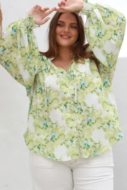 Moree Blouse - Frill Collar Neck Tie Button Down Shirt in Franc Print Lime><noscript><img width=