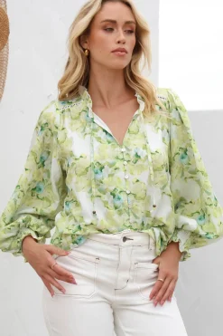 Moree Blouse - Frill Collar Neck Tie Button Down Shirt in Franc Print Lime><noscript><img width=