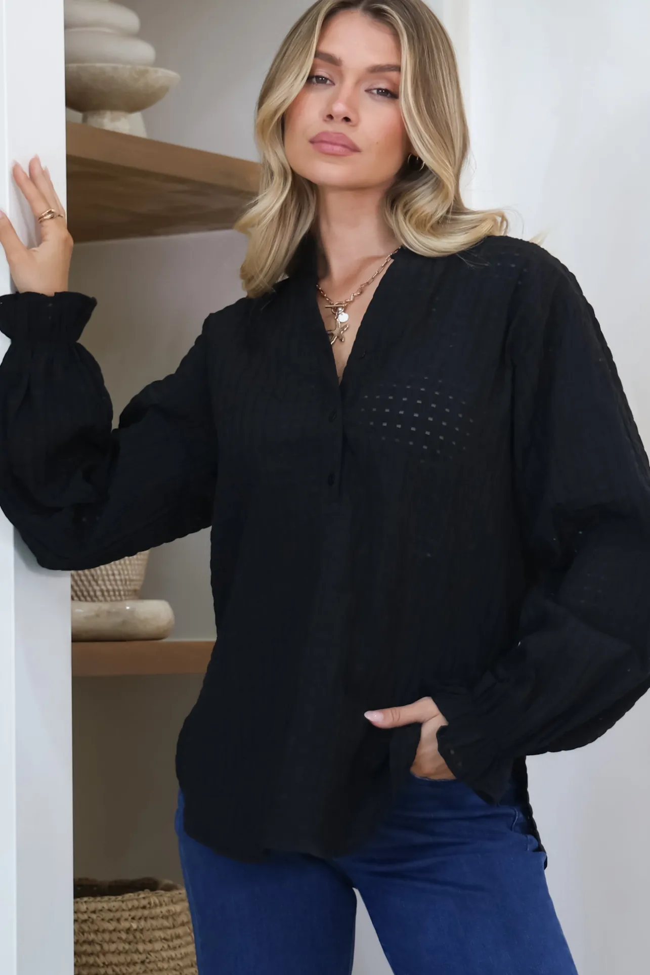 Morgan Blouse - Frill Collar Button Down Textured Blouse with Balloon Sleeves in Black>Salty Crush New