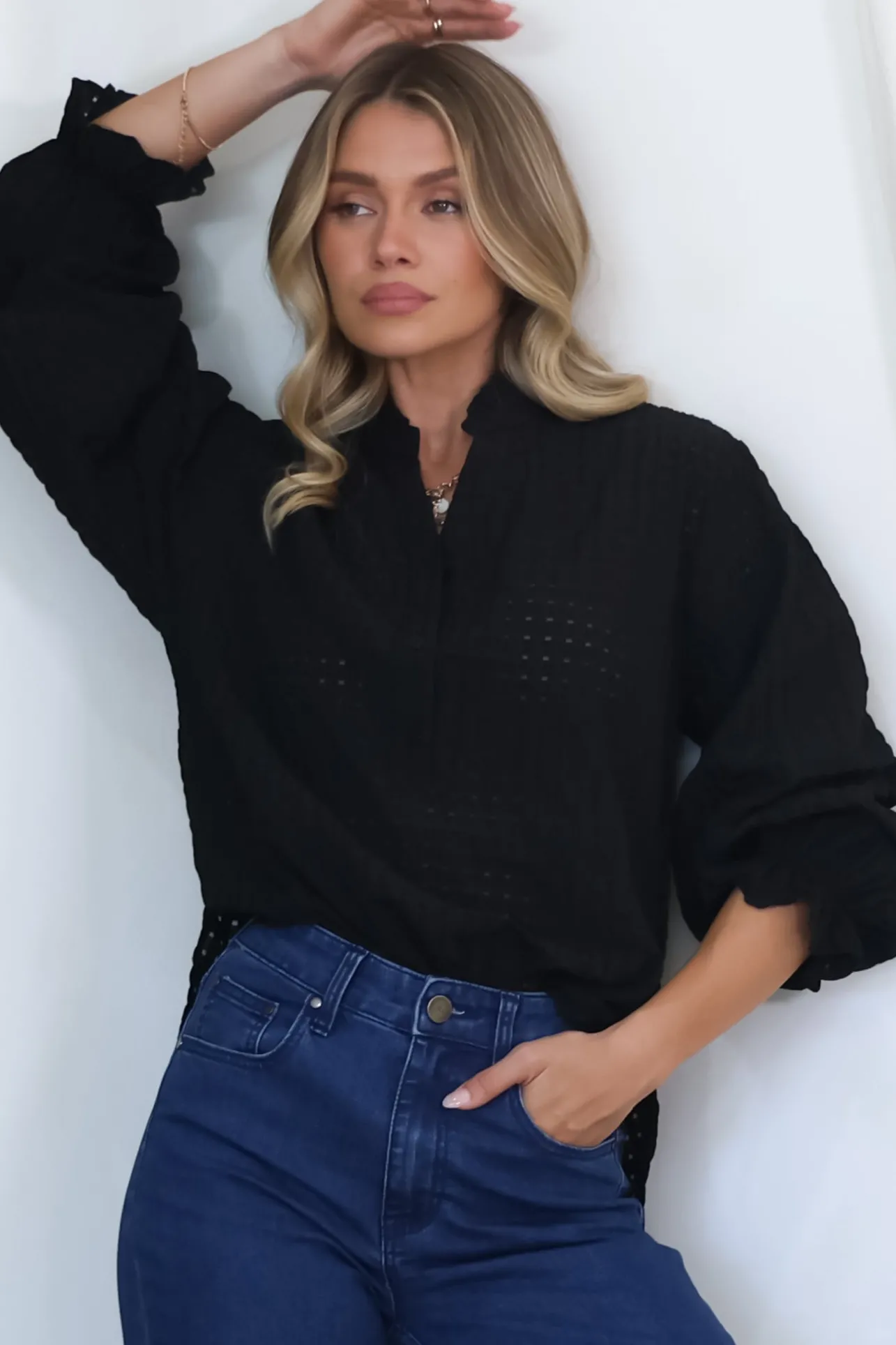 Morgan Blouse - Frill Collar Button Down Textured Blouse with Balloon Sleeves in Black>Salty Crush New