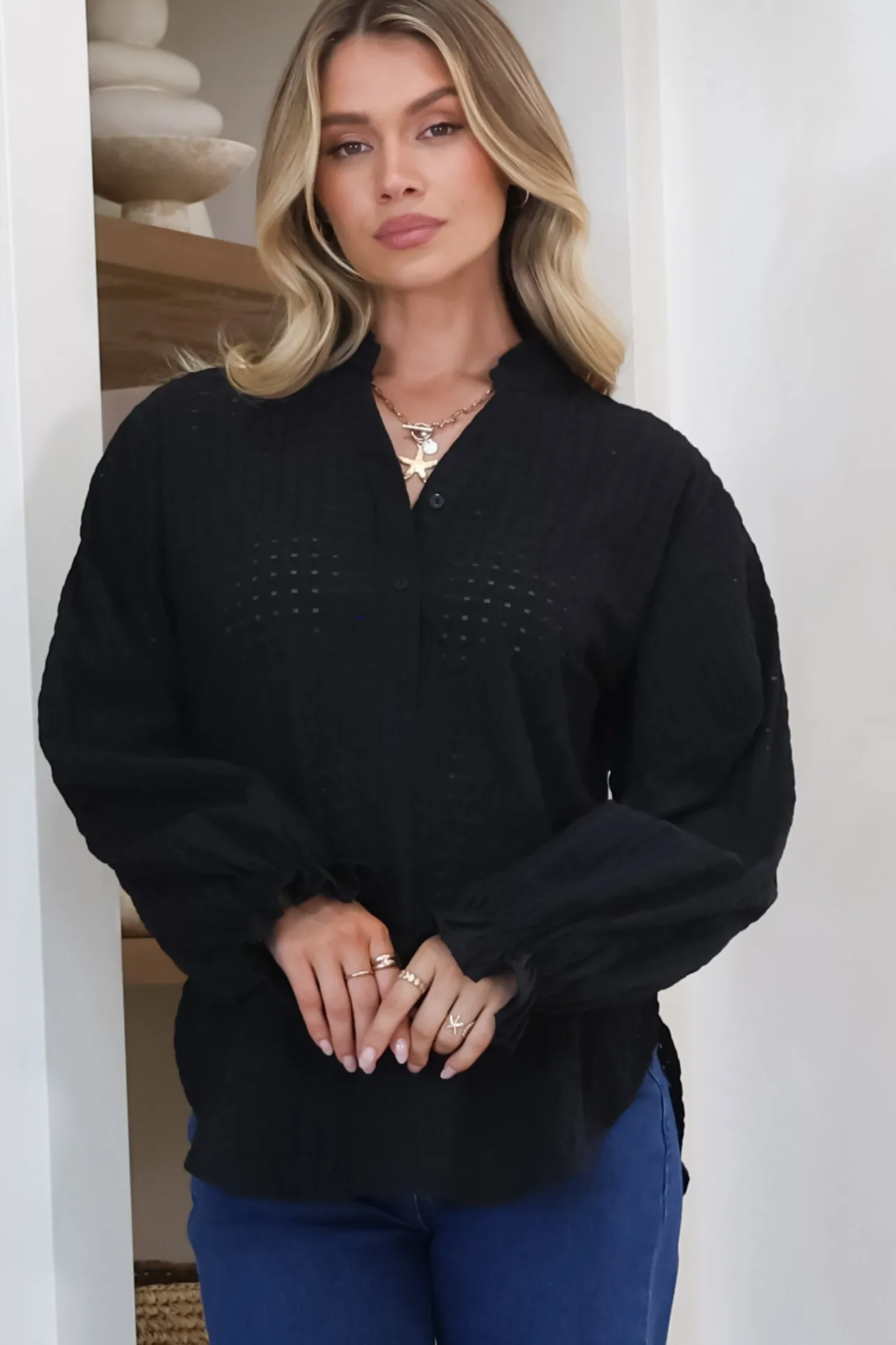 Morgan Blouse - Frill Collar Button Down Textured Blouse with Balloon Sleeves in Black>Salty Crush New