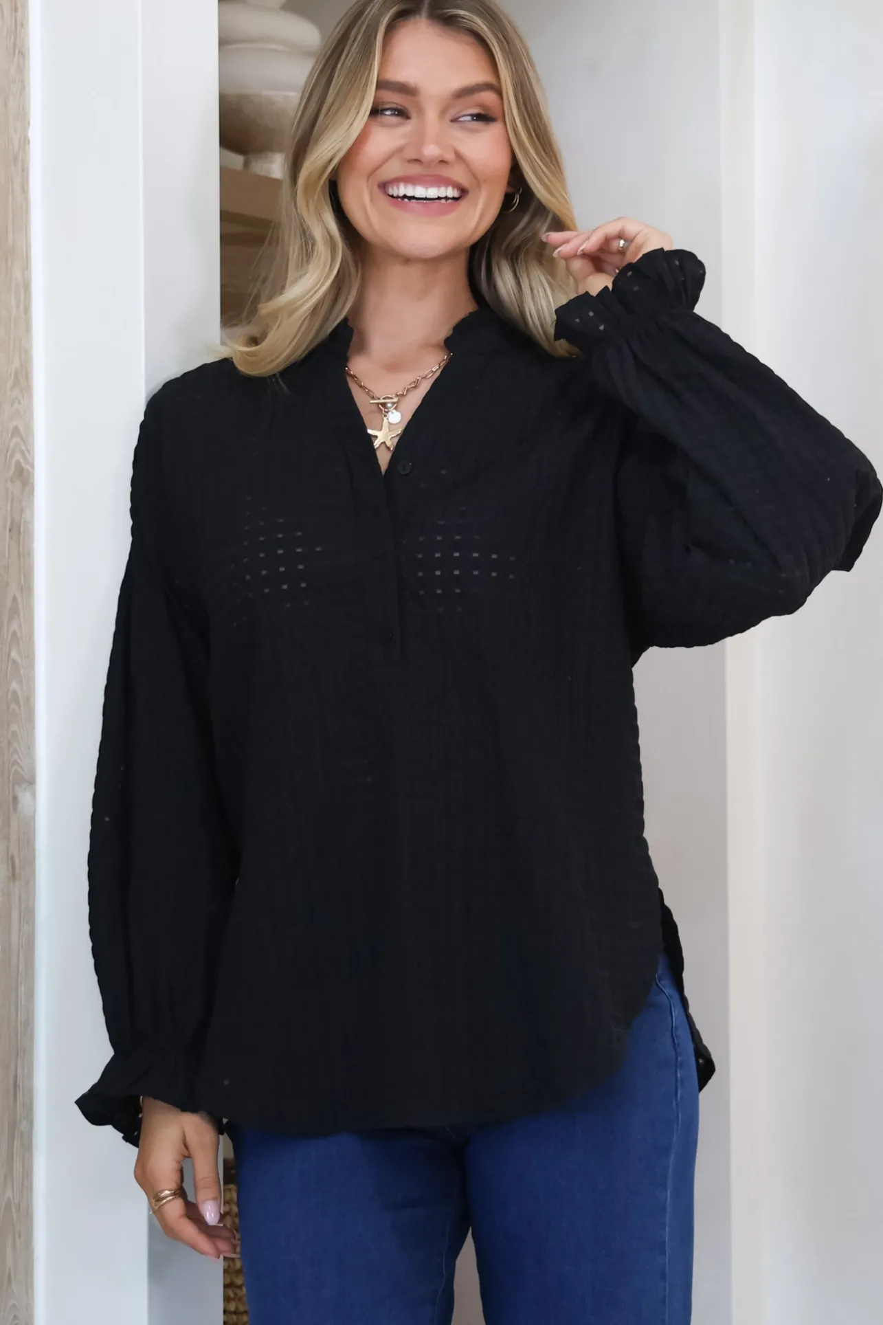 Morgan Blouse - Frill Collar Button Down Textured Blouse with Balloon Sleeves in Black>Salty Crush New