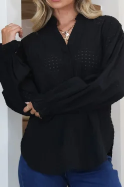 Morgan Blouse - Frill Collar Button Down Textured Blouse with Balloon Sleeves in Black><noscript><img width=
