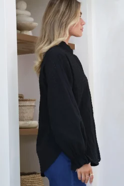Morgan Blouse - Frill Collar Button Down Textured Blouse with Balloon Sleeves in Black><noscript><img width=