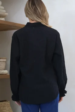 Morgan Blouse - Frill Collar Button Down Textured Blouse with Balloon Sleeves in Black><noscript><img width=