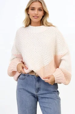 Morgan Jumper - Chunky High Neck Color Block Knit Jumper in Cream Splice>Salty Crush Best