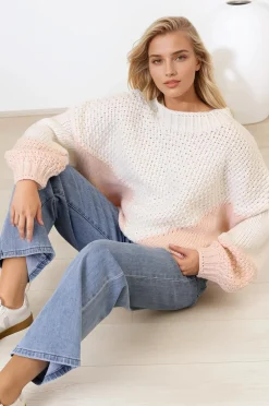 Morgan Jumper - Chunky High Neck Color Block Knit Jumper in Cream Splice><noscript><img width=
