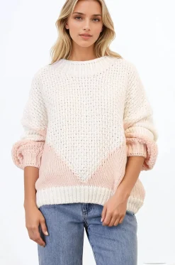 Morgan Jumper - Chunky High Neck Color Block Knit Jumper in Cream Splice><noscript><img width=