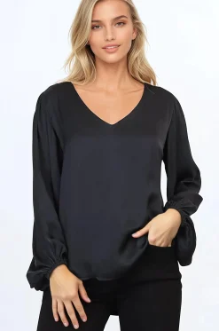 Morgana Blouse - Soft V-Neckline Pull Over Top with Balloon Sleeves in Black>Salty Crush