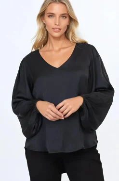 Morgana Blouse - Soft V-Neckline Pull Over Top with Balloon Sleeves in Black><noscript><img width=