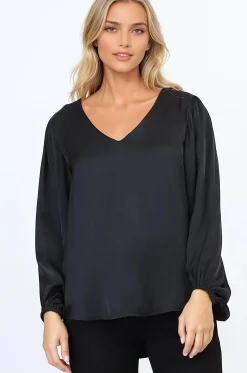 Morgana Blouse - Soft V-Neckline Pull Over Top with Balloon Sleeves in Black><noscript><img width=