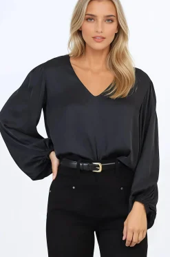 Morgana Blouse - Soft V-Neckline Pull Over Top with Balloon Sleeves in Black><noscript><img width=