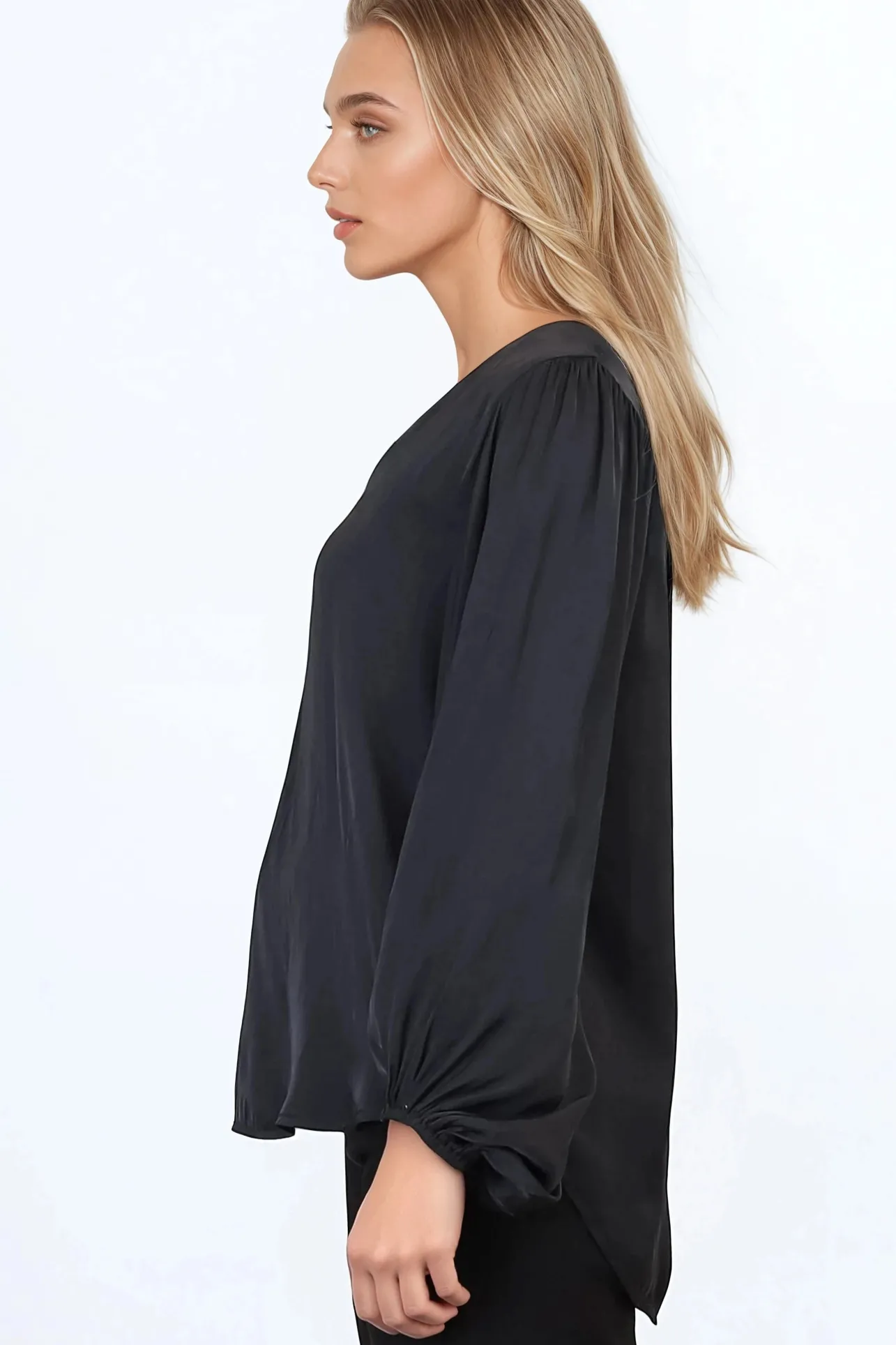 Morgana Blouse - Soft V-Neckline Pull Over Top with Balloon Sleeves in Black>Salty Crush