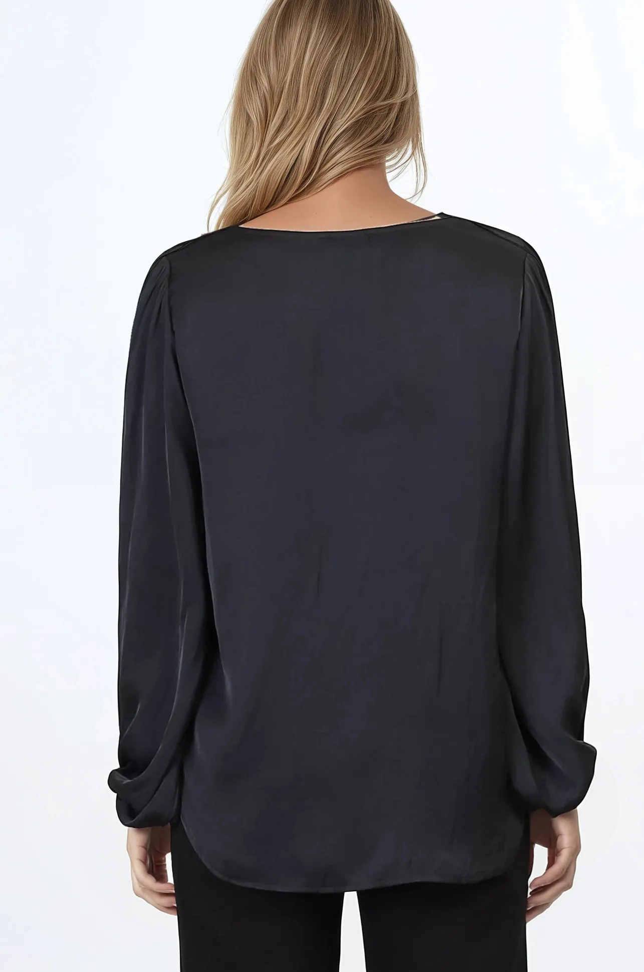 Morgana Blouse - Soft V-Neckline Pull Over Top with Balloon Sleeves in Black>Salty Crush