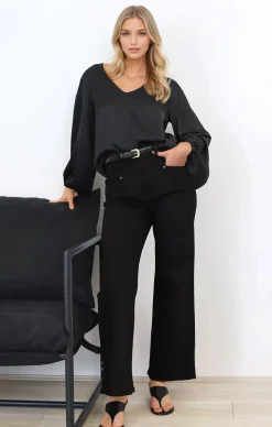 Morgana Blouse - Soft V-Neckline Pull Over Top with Balloon Sleeves in Black><noscript><img width=