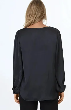 Morgana Blouse - Soft V-Neckline Pull Over Top with Balloon Sleeves in Black><noscript><img width=