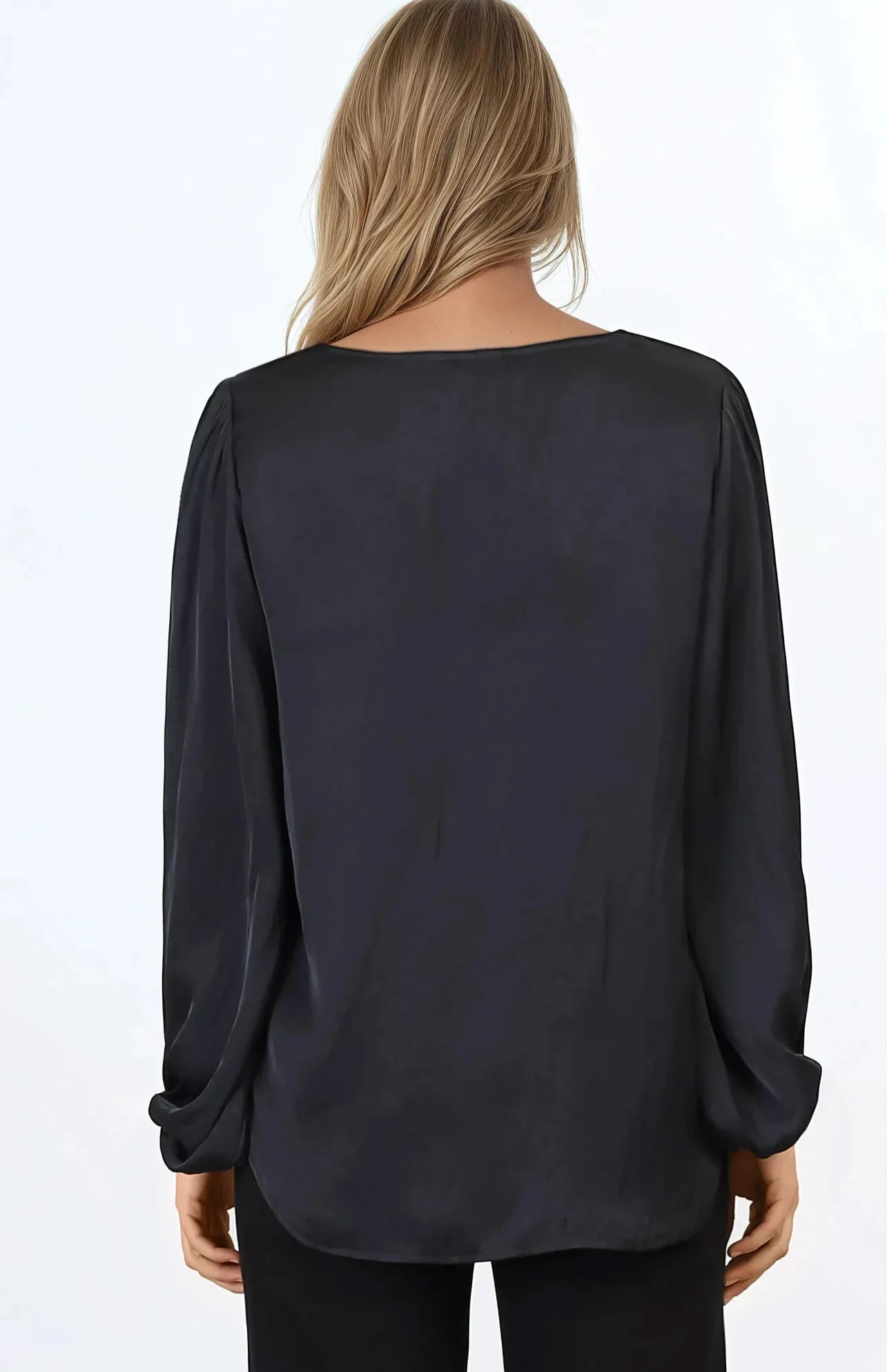 Morgana Blouse - Soft V-Neckline Pull Over Top with Balloon Sleeves in Black>Salty Crush