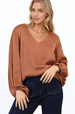 Morgana Blouse - Soft V-Neckline Pull Over Top with Balloon Sleeves in Rust>Salty Crush Discount