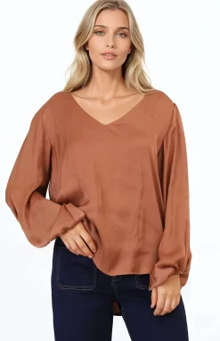 Morgana Blouse - Soft V-Neckline Pull Over Top with Balloon Sleeves in Rust>Salty Crush Discount