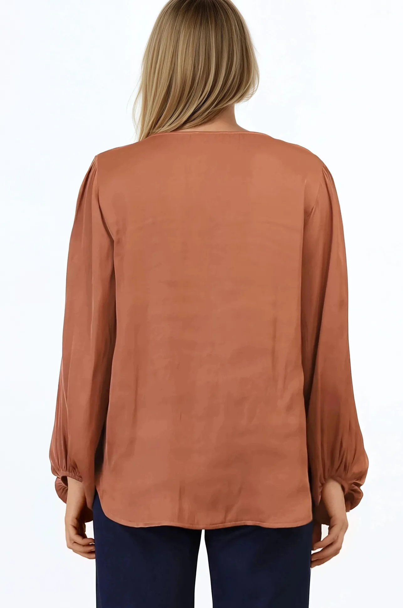 Morgana Blouse - Soft V-Neckline Pull Over Top with Balloon Sleeves in Rust>Salty Crush Discount