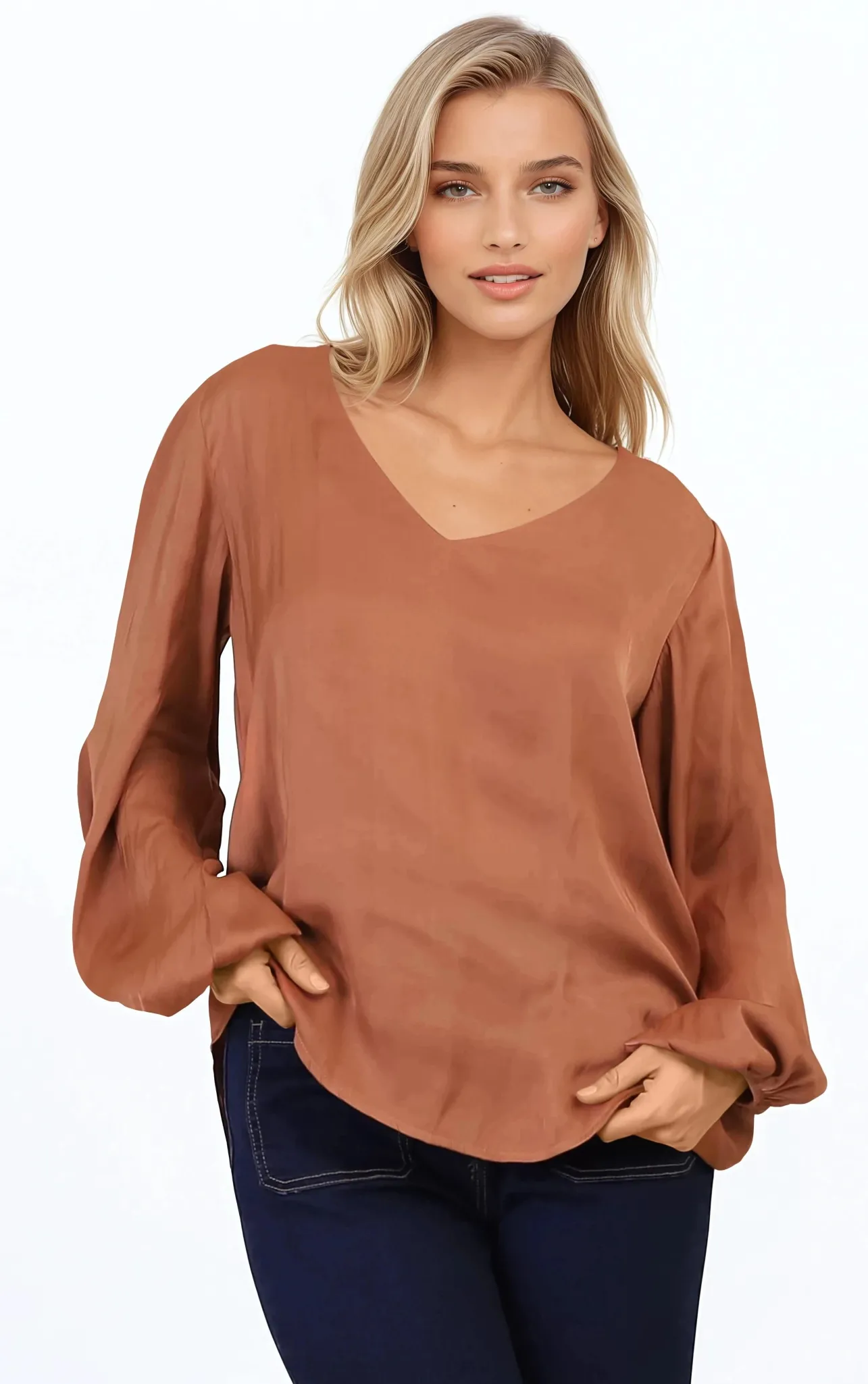 Morgana Blouse - Soft V-Neckline Pull Over Top with Balloon Sleeves in Rust>Salty Crush Discount