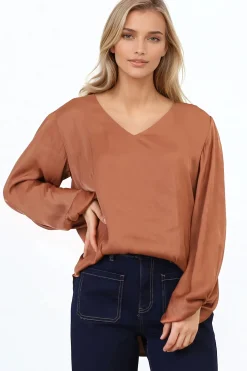 Morgana Blouse - Soft V-Neckline Pull Over Top with Balloon Sleeves in Rust><noscript><img width=