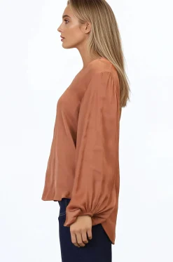 Morgana Blouse - Soft V-Neckline Pull Over Top with Balloon Sleeves in Rust><noscript><img width=