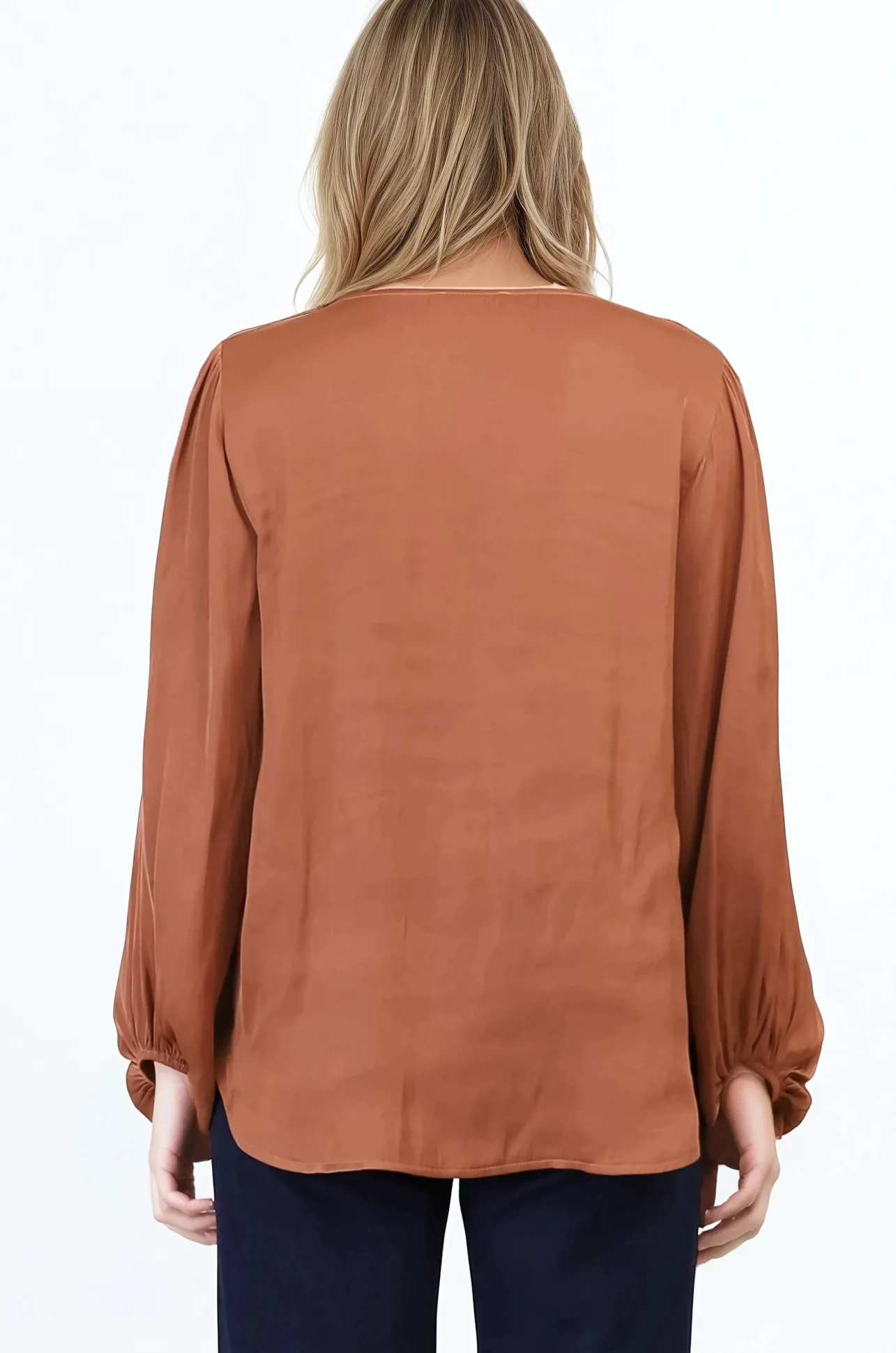 Morgana Blouse - Soft V-Neckline Pull Over Top with Balloon Sleeves in Rust>Salty Crush Discount