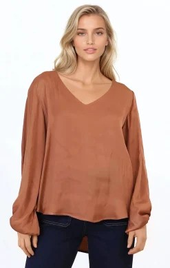 Morgana Blouse - Soft V-Neckline Pull Over Top with Balloon Sleeves in Rust><noscript><img width=