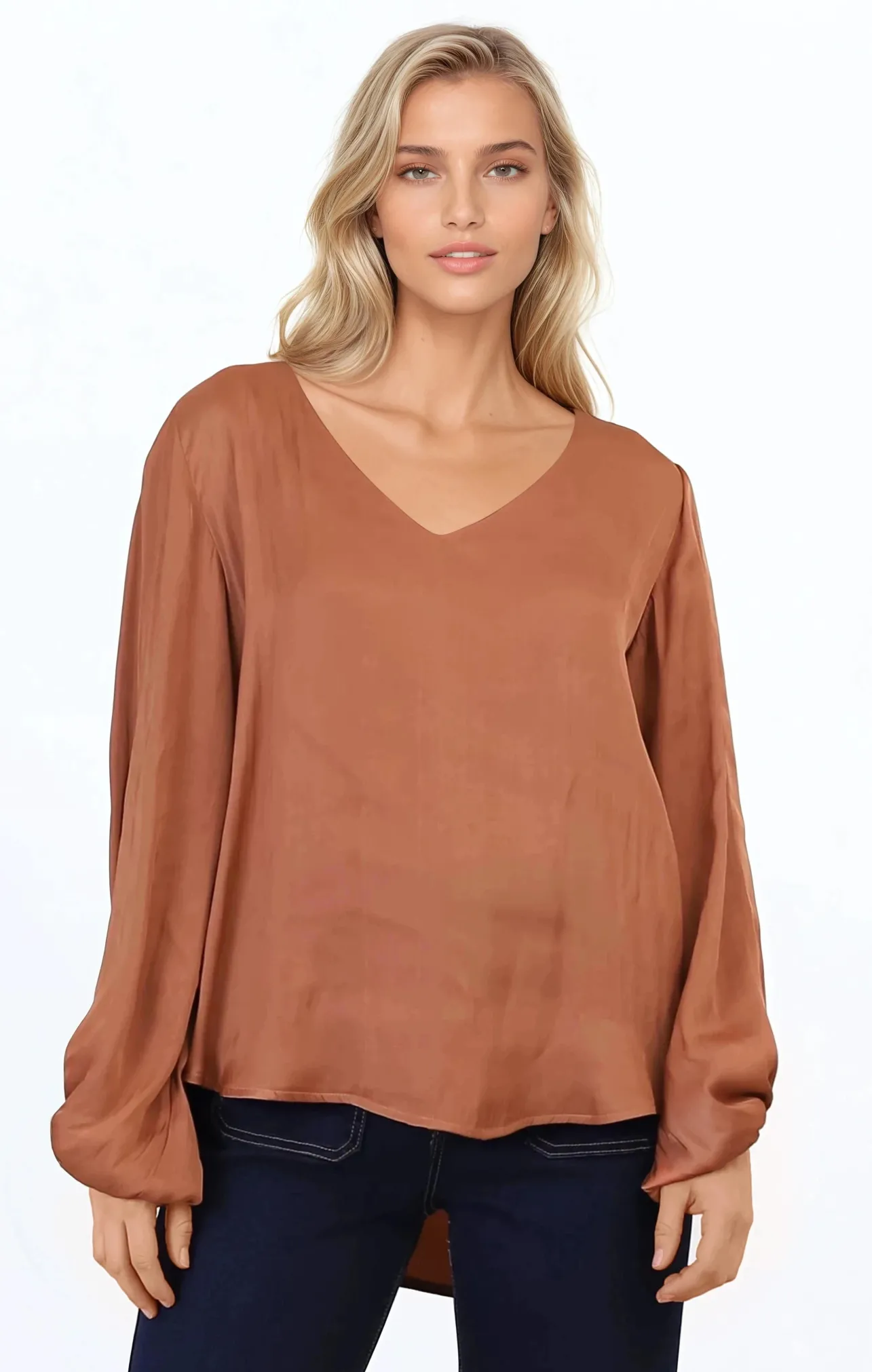 Morgana Blouse - Soft V-Neckline Pull Over Top with Balloon Sleeves in Rust>Salty Crush Discount