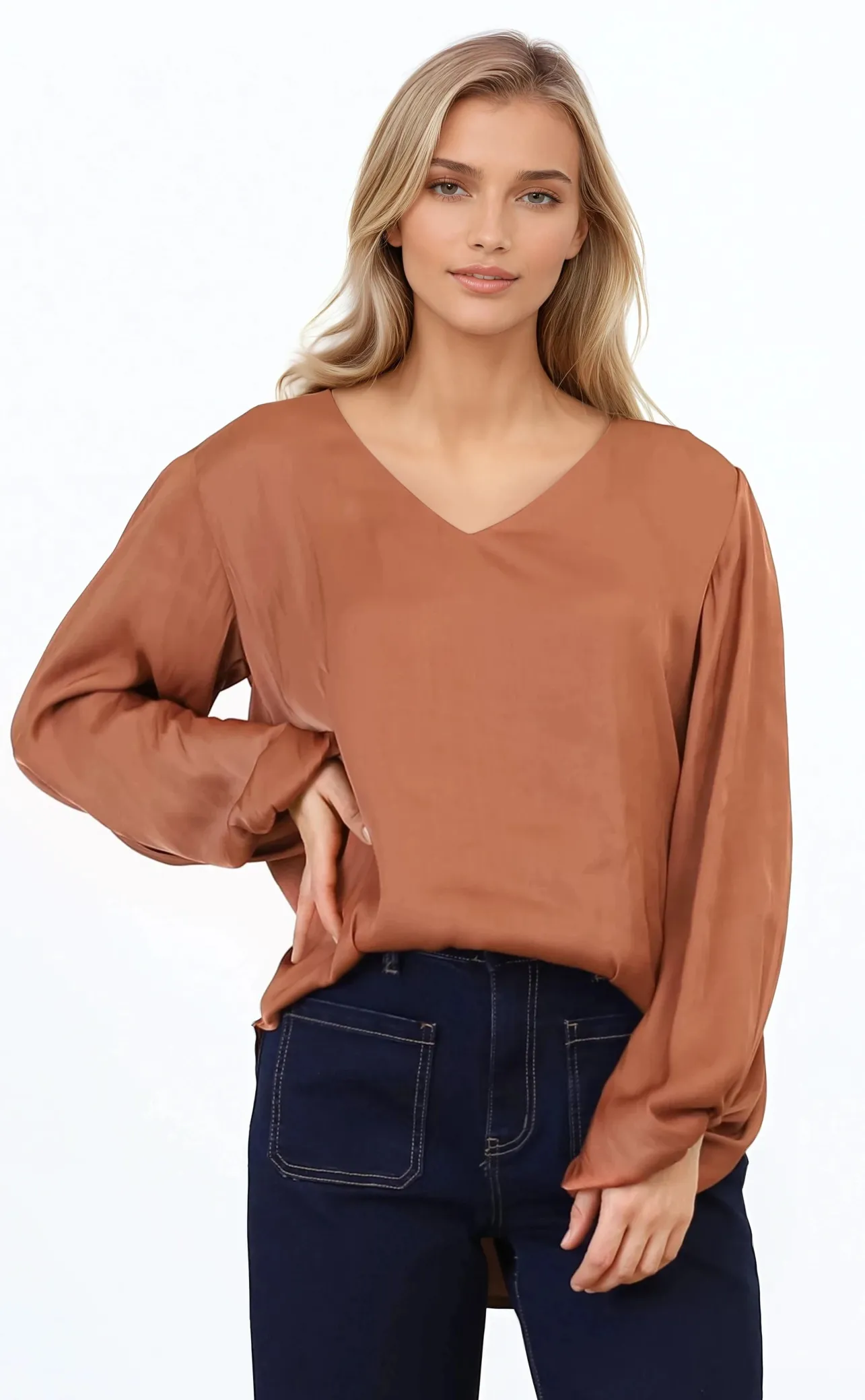 Morgana Blouse - Soft V-Neckline Pull Over Top with Balloon Sleeves in Rust>Salty Crush Discount