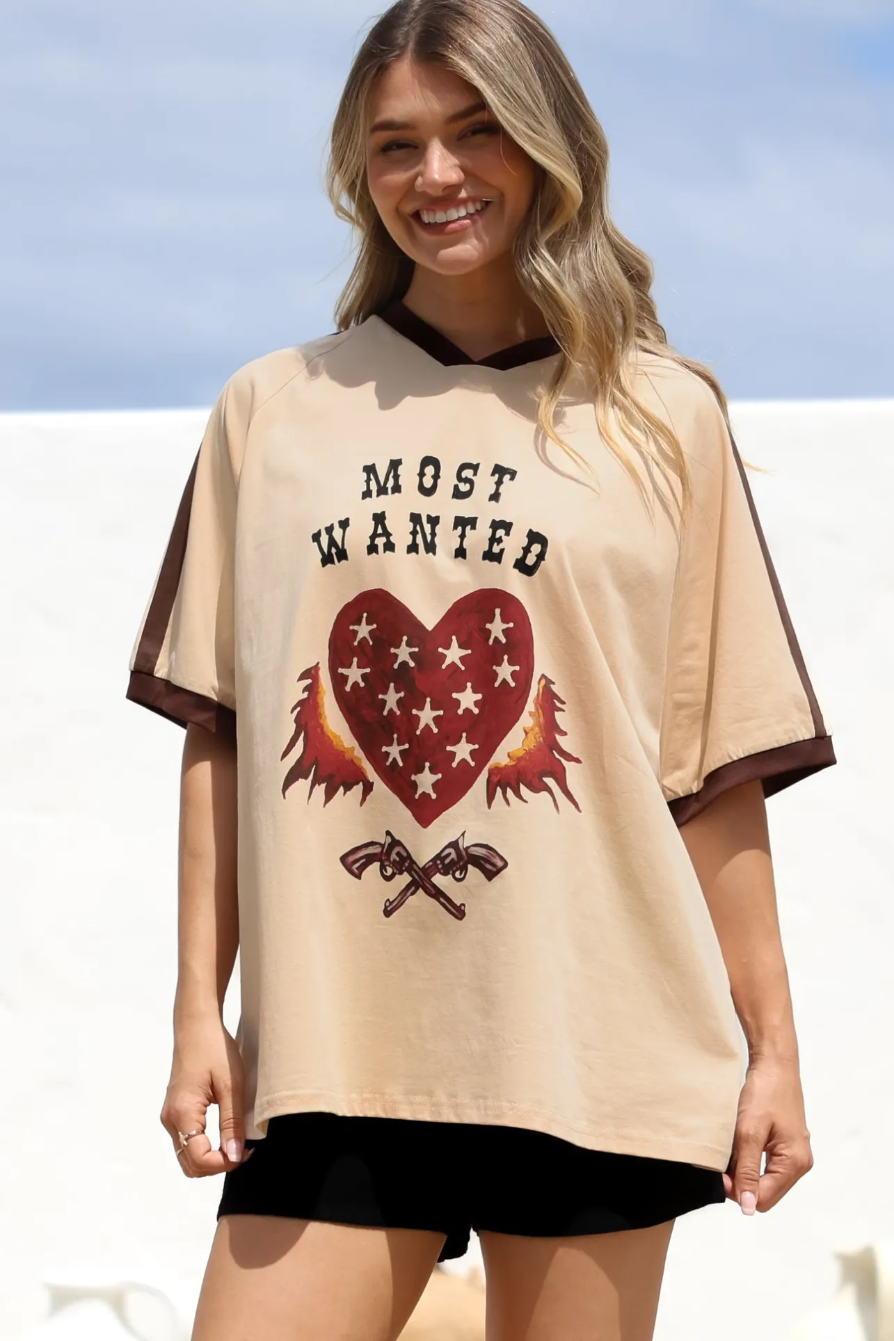 Most Wanted Tee - Graphic Print Short Sleeve T-Shirt with Racer Stripe Sleeves in Beige>Salty Crush Discount