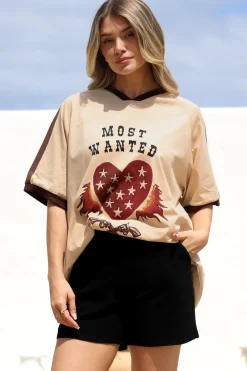 Most Wanted Tee - Graphic Print Short Sleeve T-Shirt with Racer Stripe Sleeves in Beige>Salty Crush Discount