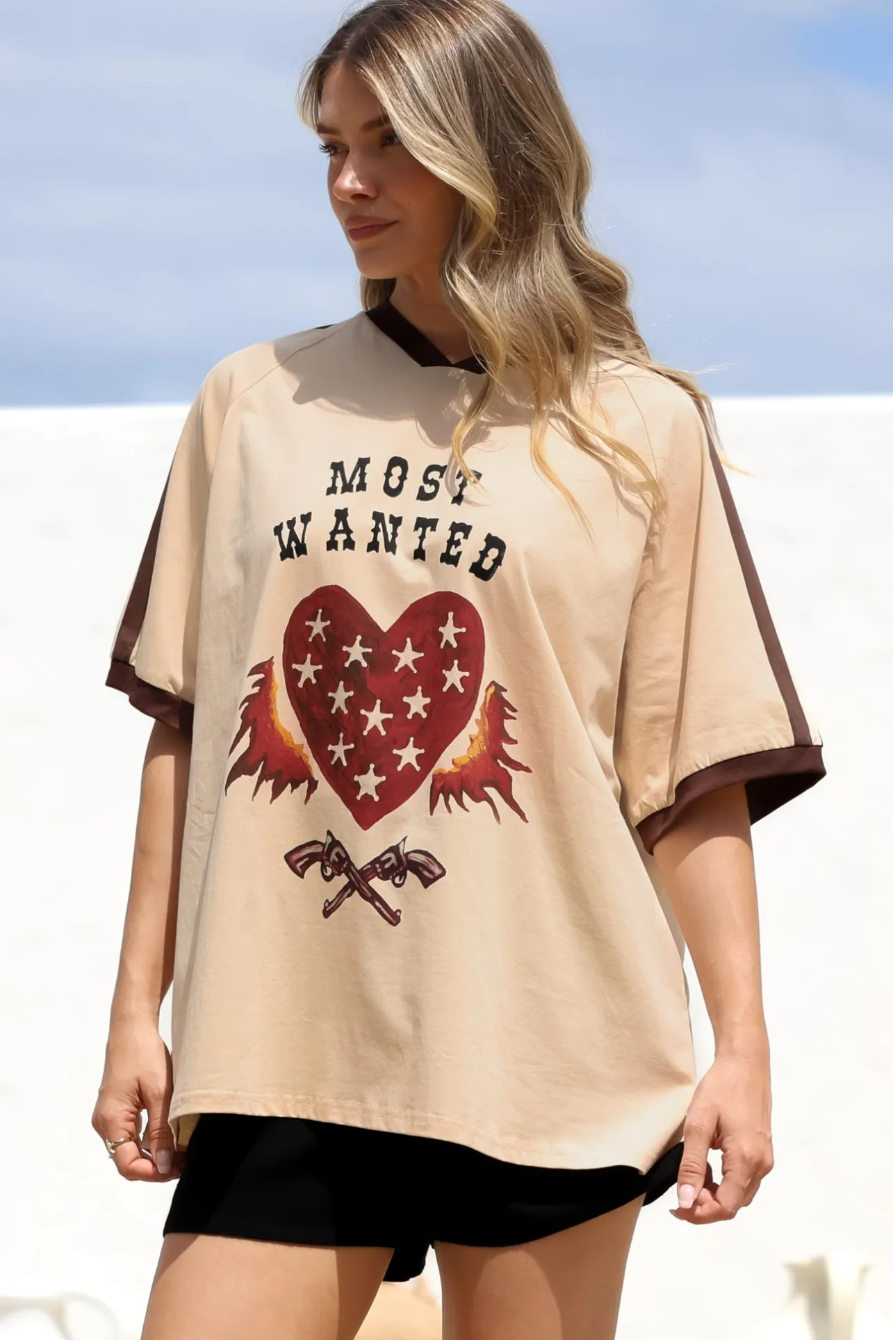 Most Wanted Tee - Graphic Print Short Sleeve T-Shirt with Racer Stripe Sleeves in Beige>Salty Crush Discount