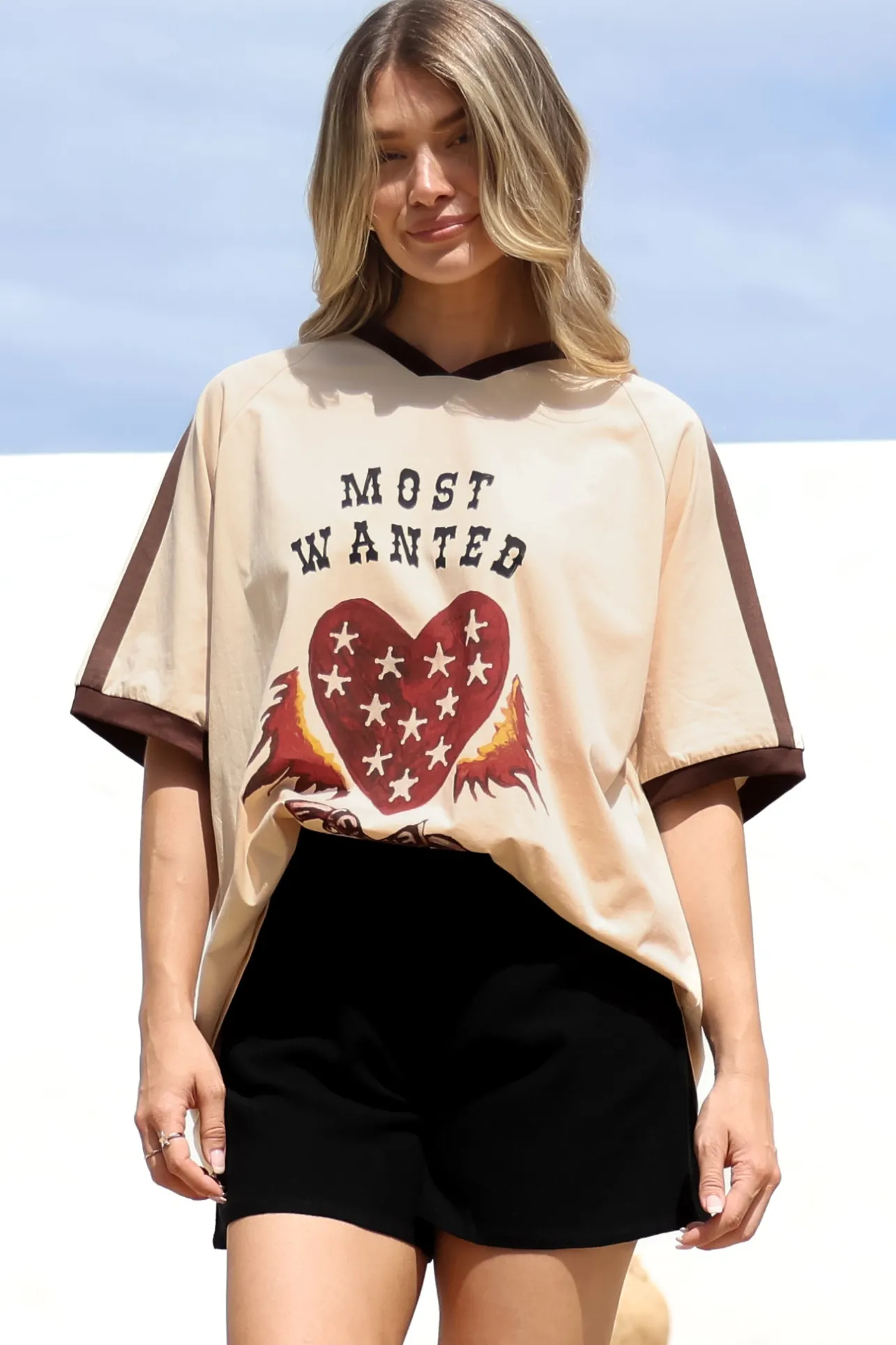 Most Wanted Tee - Graphic Print Short Sleeve T-Shirt with Racer Stripe Sleeves in Beige>Salty Crush Discount