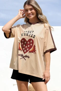 Most Wanted Tee - Graphic Print Short Sleeve T-Shirt with Racer Stripe Sleeves in Beige><noscript><img width=
