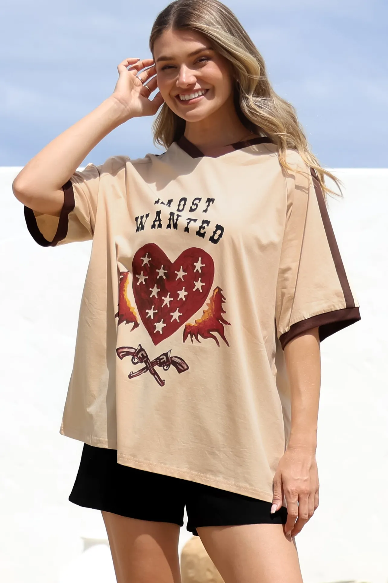 Most Wanted Tee - Graphic Print Short Sleeve T-Shirt with Racer Stripe Sleeves in Beige>Salty Crush Discount